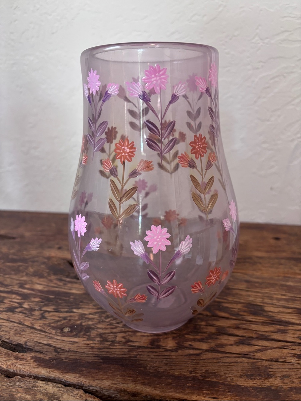Anthropologie Lavender Glass Vase with Pink and Orange Floral Motif